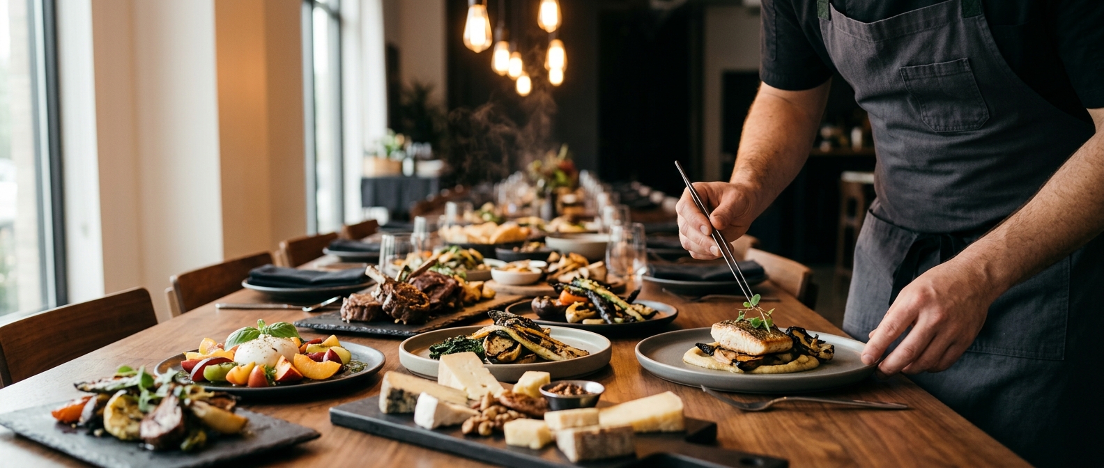A chef in a charcoal apron placing a final micro-herb garnish on a plated course at the end of a long walnut banquet table set with platters for a private catered event.